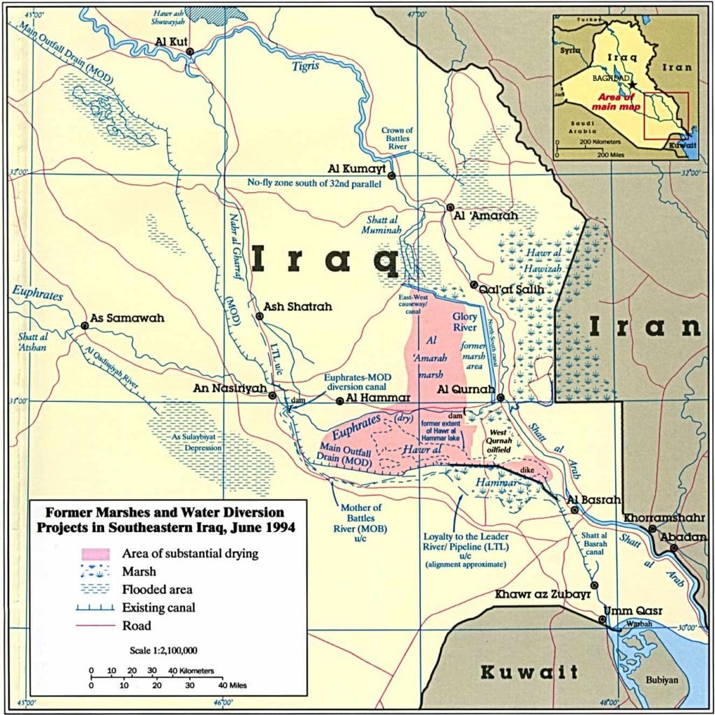 Drenaje y desvíos de agua en las marismas de Irak