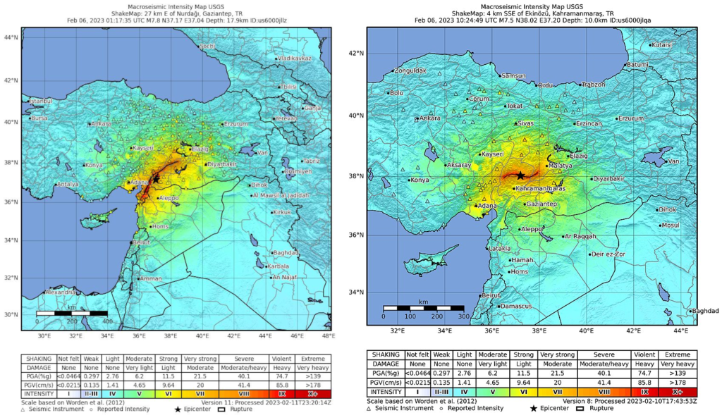 Los dos terremotos ocurridos en Turquía y Siria el 6 de febrero de 2023. Imágenes: Servicio Geológico de Estados Unidos (USGS)